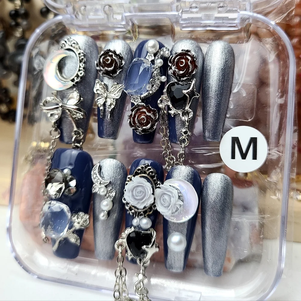 Denim+Silver Press-on Nail Set - Picture 5 of 8